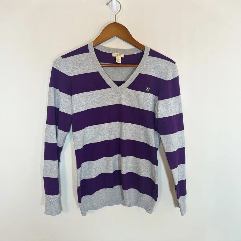 U.S. Polo Assn. Sport Sweater Women’s Medium Purple Gray Rugby Stripe Preppy - Picture 2 of 10